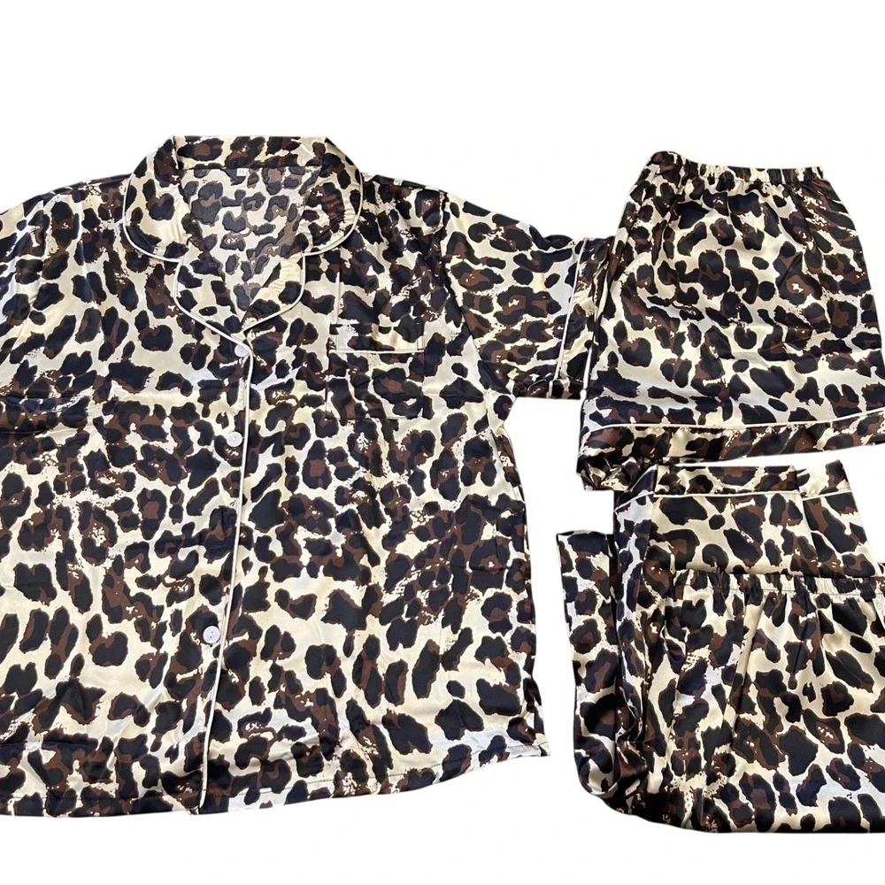 Leopard Satin 3-Piece Pajama Set XL Short Sleeve Top Shorts Pants Gold Brown